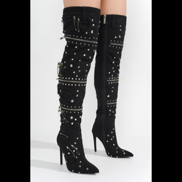 Rocker Black Distressed Denim Embellished Thigh High Boots